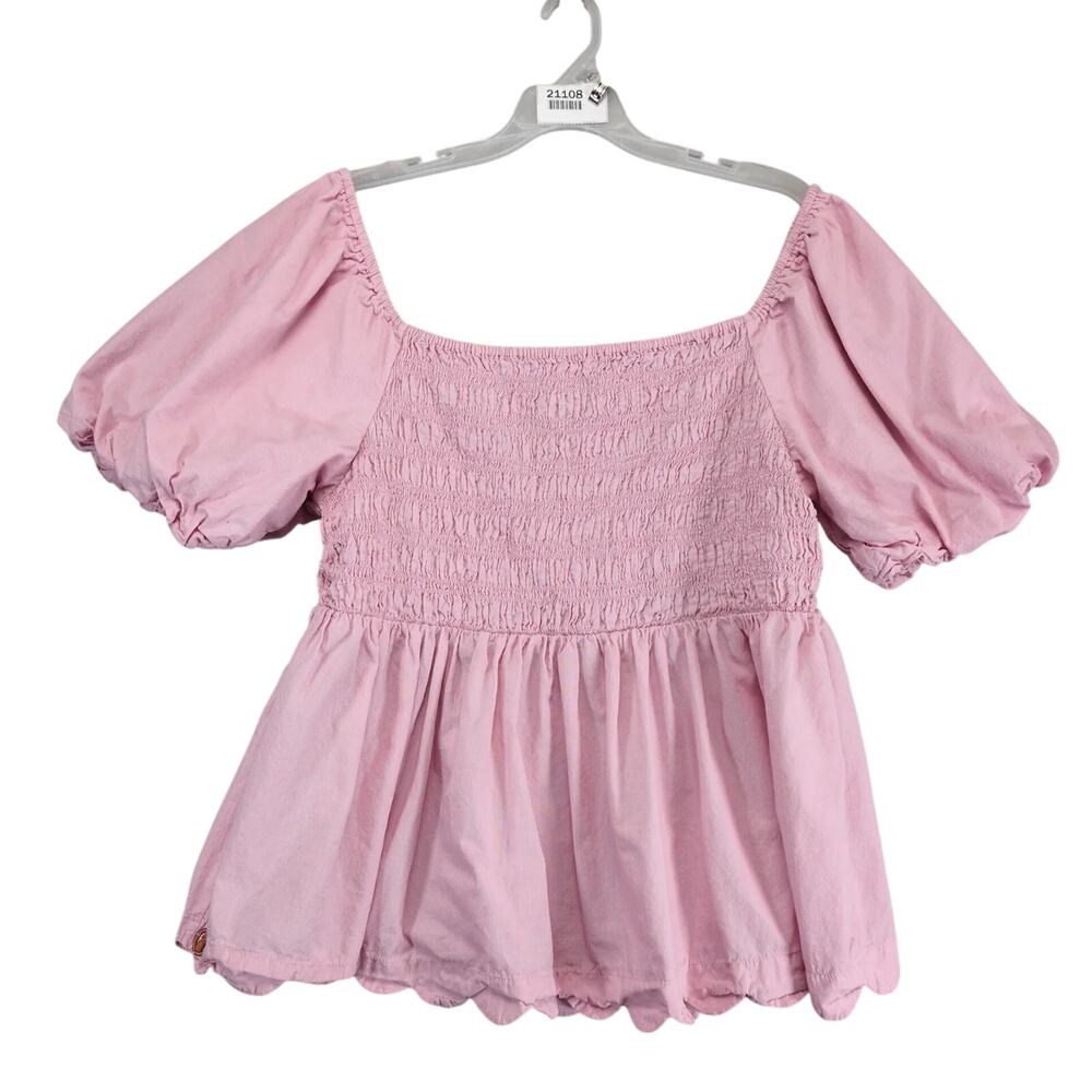 Simply Southern Pink Ladies Puff Scallop Blouse XXL Smocked Off Shoulder Peasant